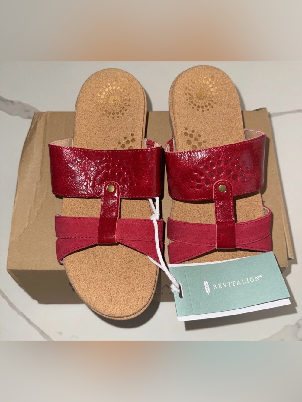 Woman’s Revitalign Andover Orthotic Red Leather Wedge Slide Sandals Size US 8.5B